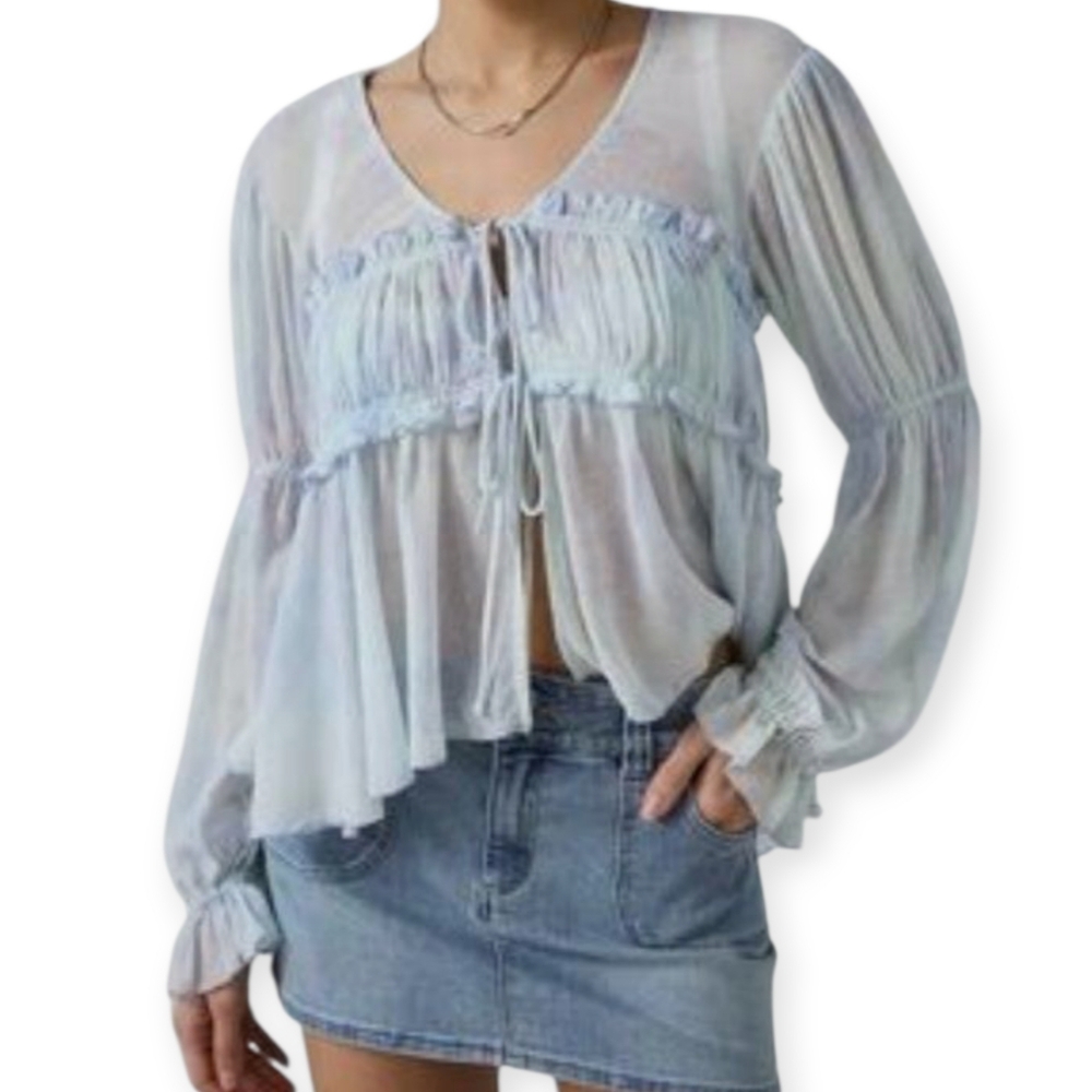Kimchi Blue Sheer Blue Blouse with Tie Detail Sz.M EUC